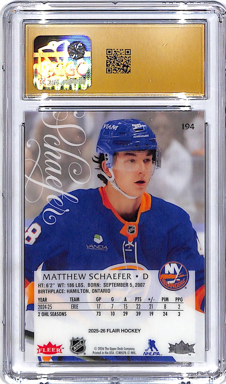 2025-26 Flair Matthew Schaefer Rookie RC #194 CGC 10 Pristine Islanders