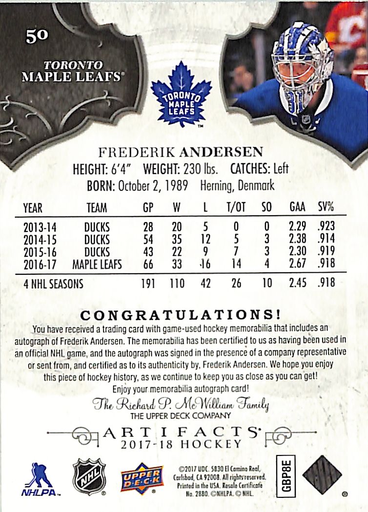 2017-18 Upper Deck Artifacts Frederik Anderson Auto Autograph Jersey Patch /99 Maple Leafs