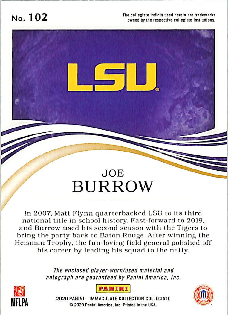 2020 Immaculate Collegiate Joe Burrow Auto Autograph Rookie RC Patch Jersey /10 LSU