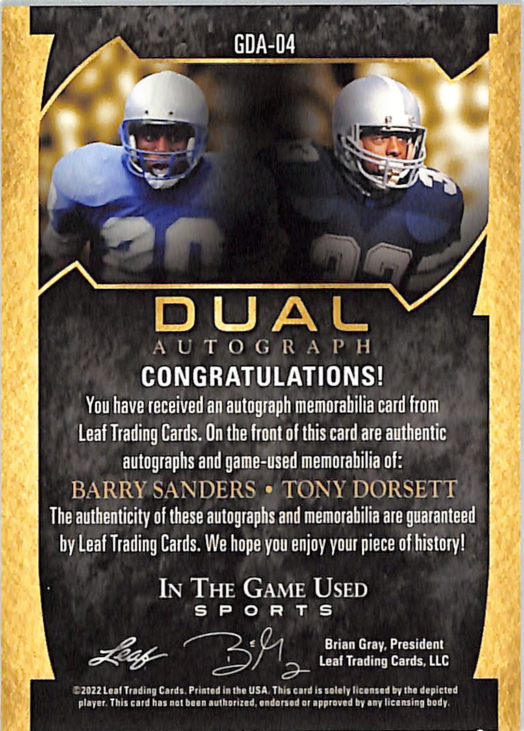2022 Leaf In The Game Used Barry Sanders Tony Dorsett Auto Autograph Patch Jersey /15
