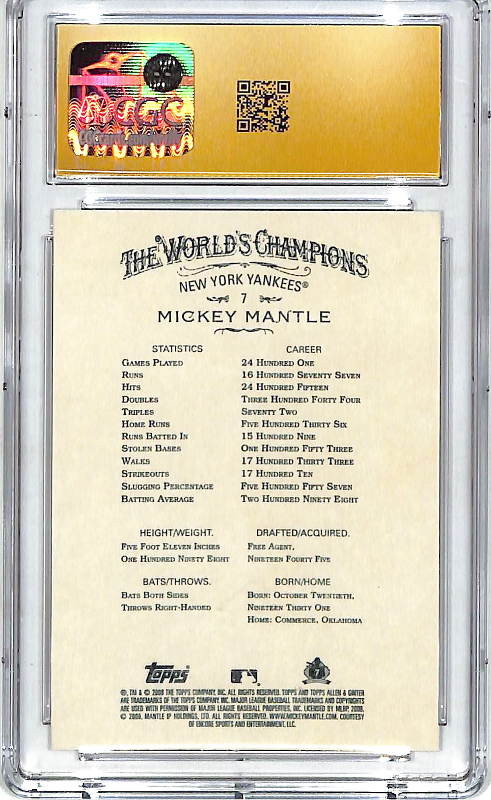 2008 Topps Allen and Ginter Mickey Mantle #7 CGC 10 Pristine Yankees
