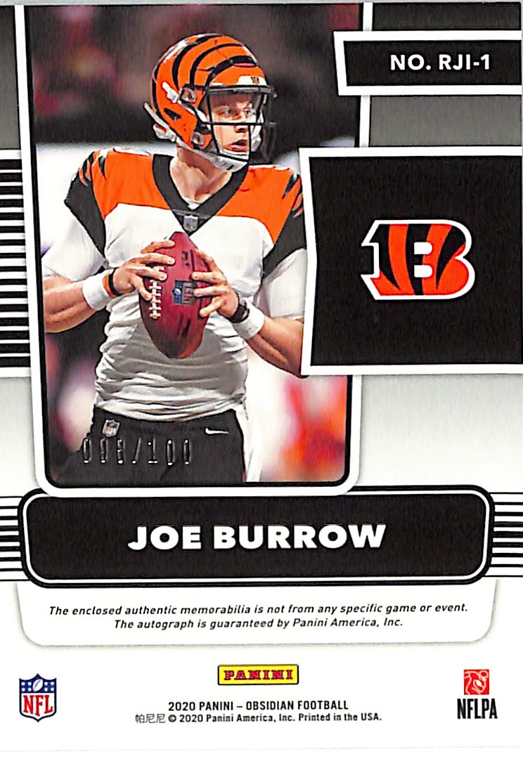 2020 Obsidian Joe Burrow Auto Autograph Rookie RC Patch Jersey /100 Bengals