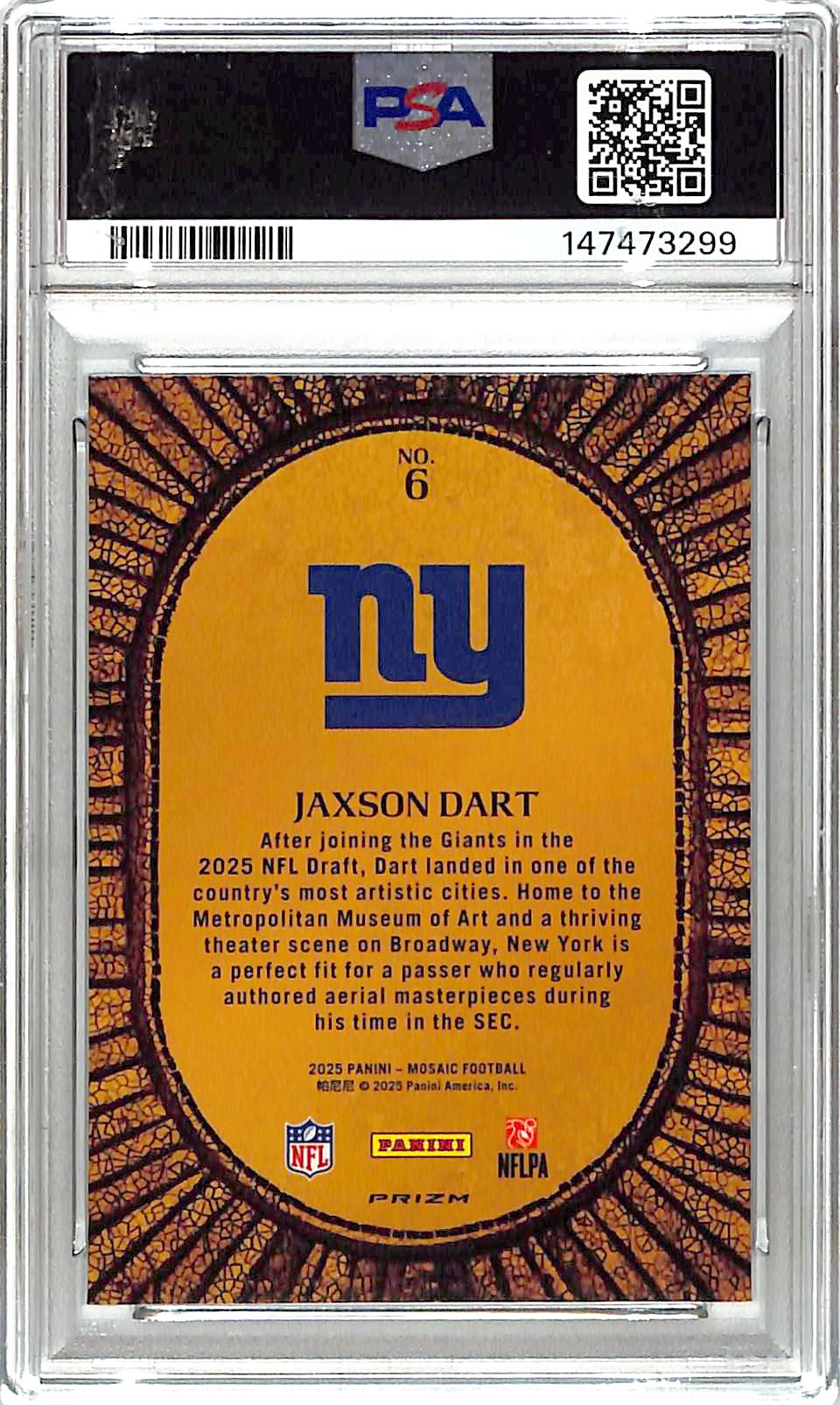 2025 Mosaic Jaxson Dart Micro Mosaic Rookie RC #6 PSA 9 Giants