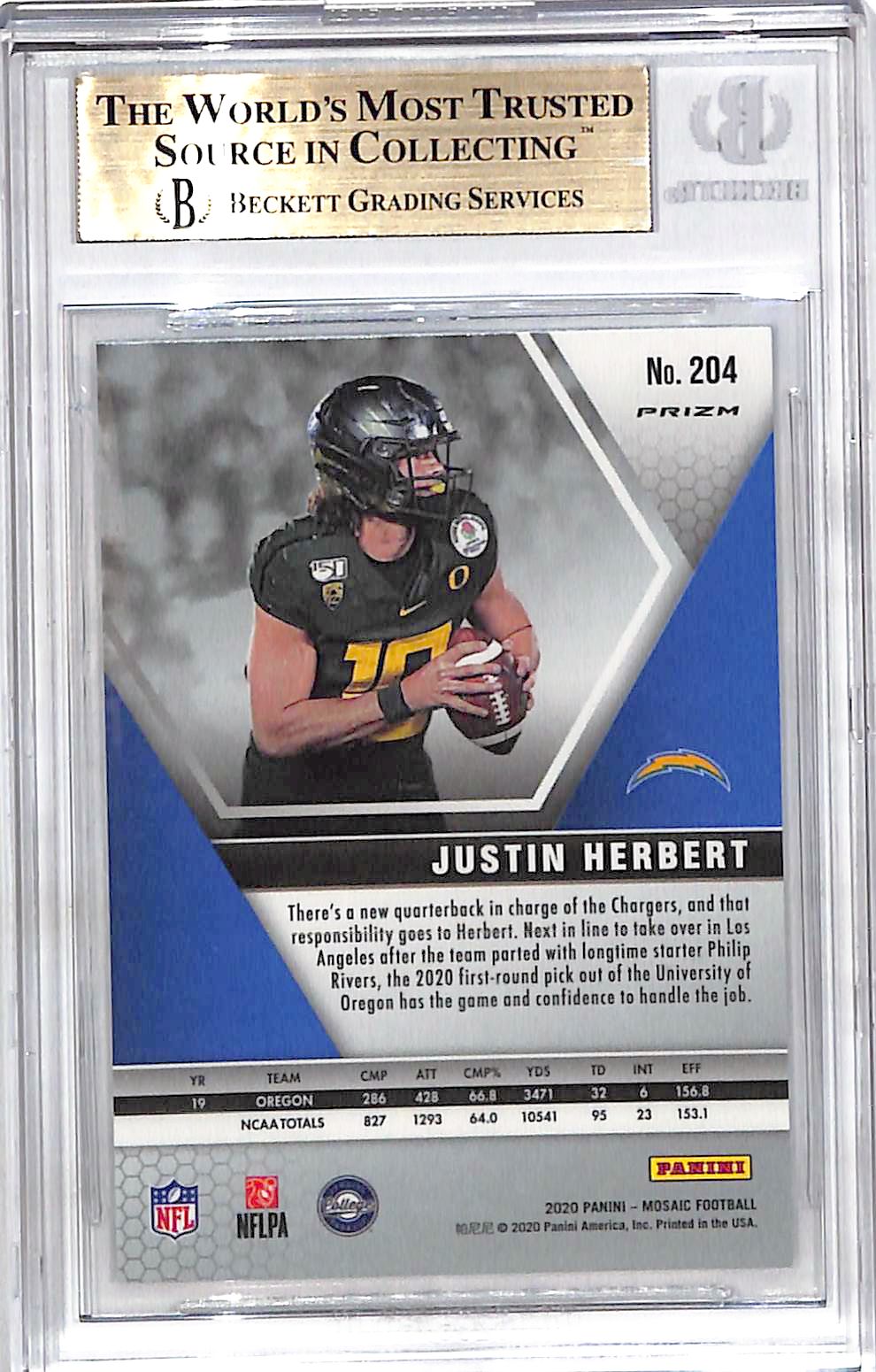 2020 Mosaic Justin Herbert Rookie RC No Huddle Silver Variation BGS 9.5 Chargers