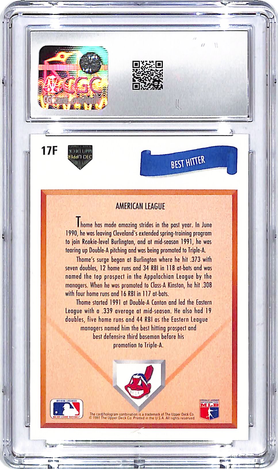 1991 Upper Deck Final Edition Jim Thome Rookie RC #17F CGC 9.5 Indians