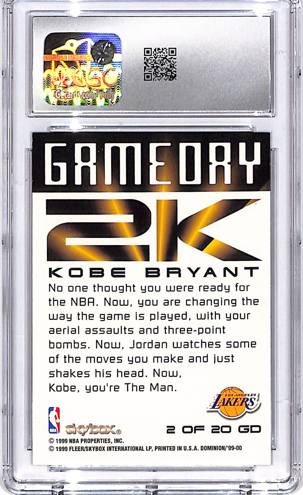 1999-00 Skybox Dominion Kobe Bryant Game Day 2k CGC 9 Lakers