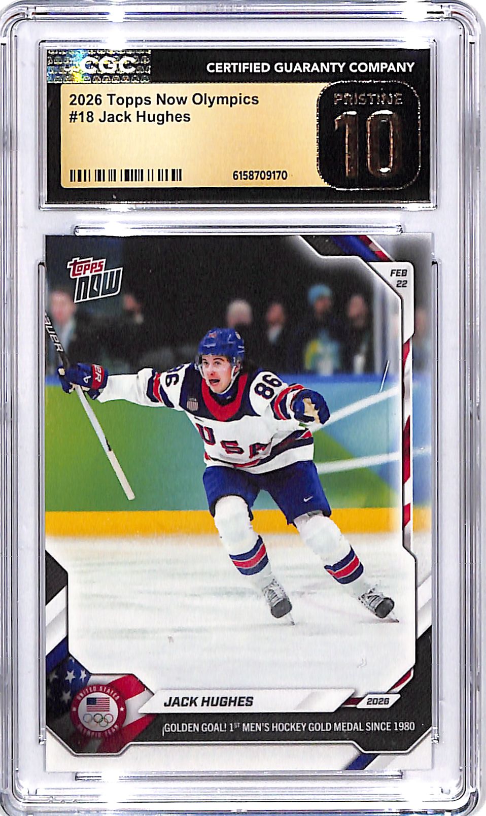 2026 Topps Now Olympics Jack Hughes #18 CGC 10 Pristine USA