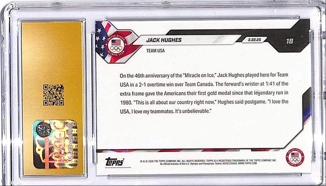 2026 Topps Now Olympics Jack Hughes #18 CGC 10 Pristine USA