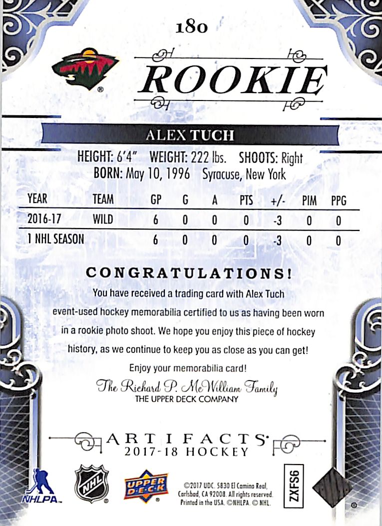 2017-18 Artifacts Alex Tuch Rookie RC Patch Jersey /49 Wild