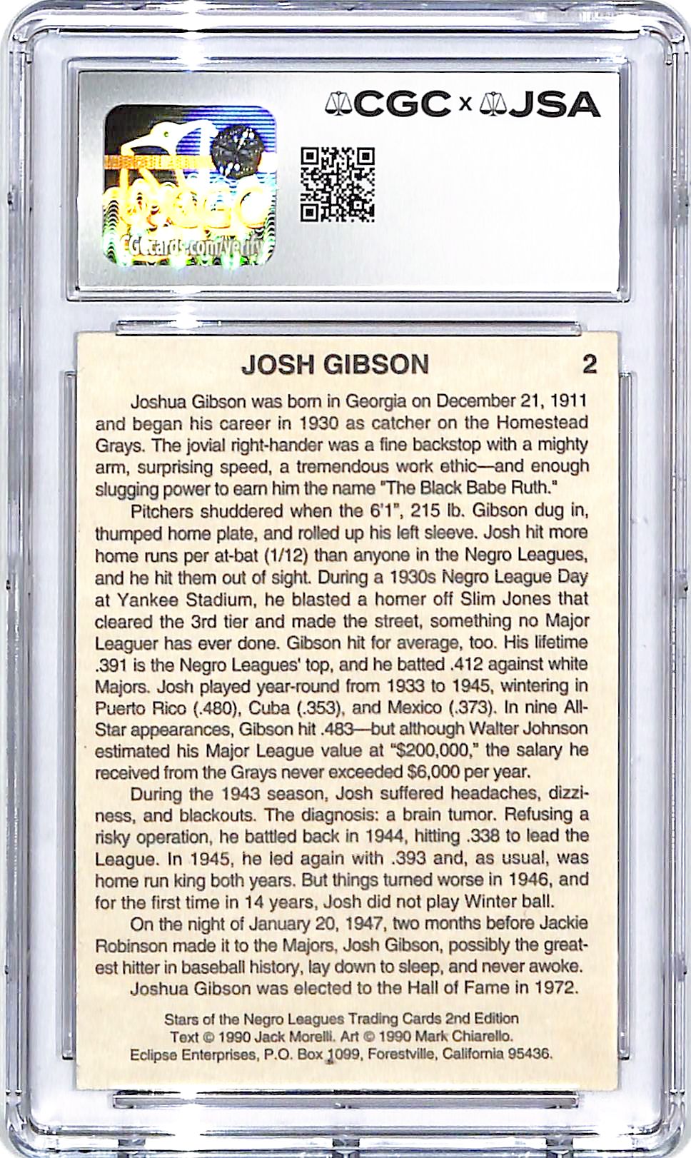 1990 Eclipse Stars of the Negro League Josh Gibson Jr Second Edition Auto Autograph CGC Authentic