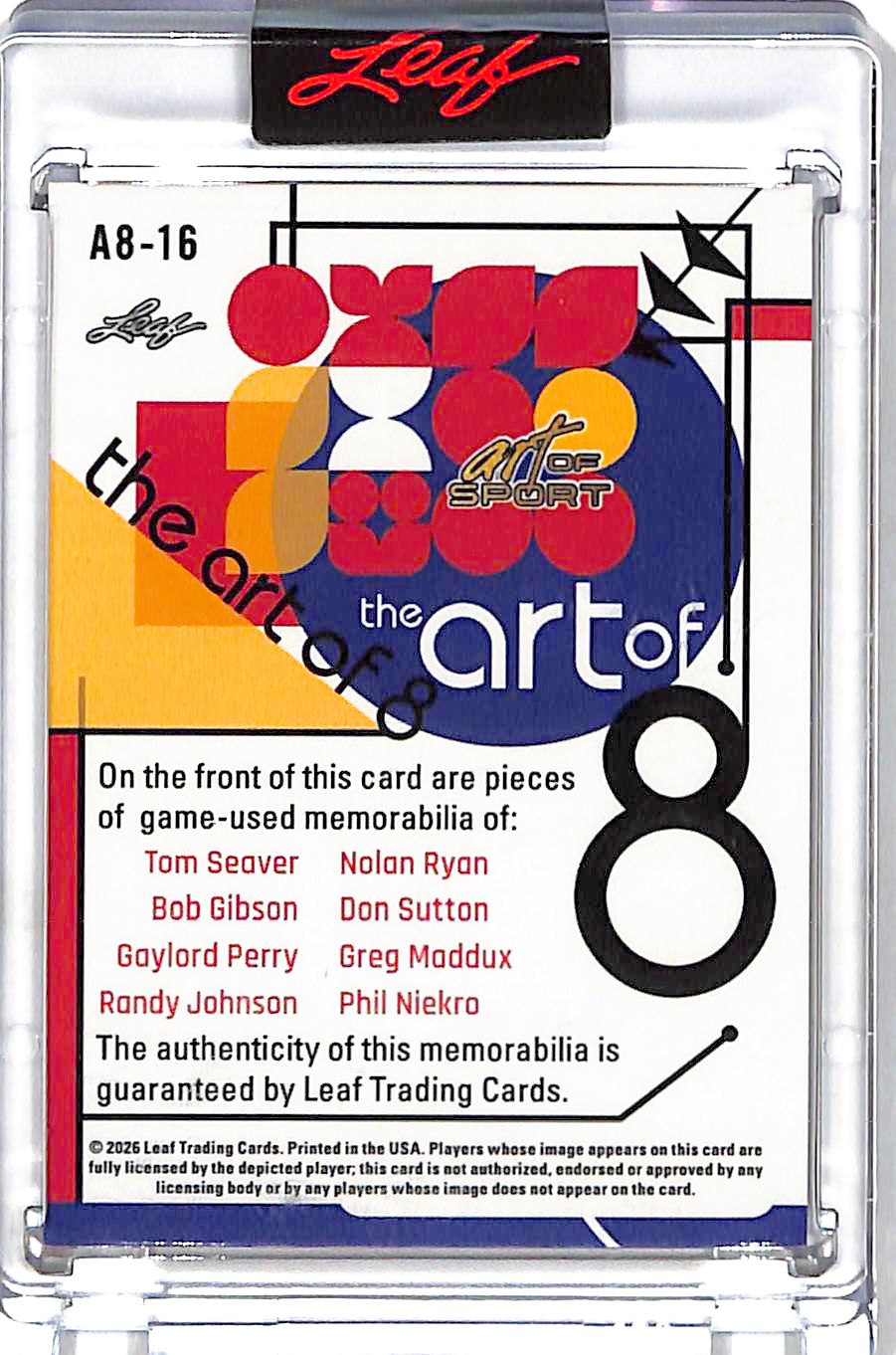 2026 Leaf Art of Sport Seaver Gibson Perry Johnson Ryan Sutton Maddux Niekro Patch Jersey /6