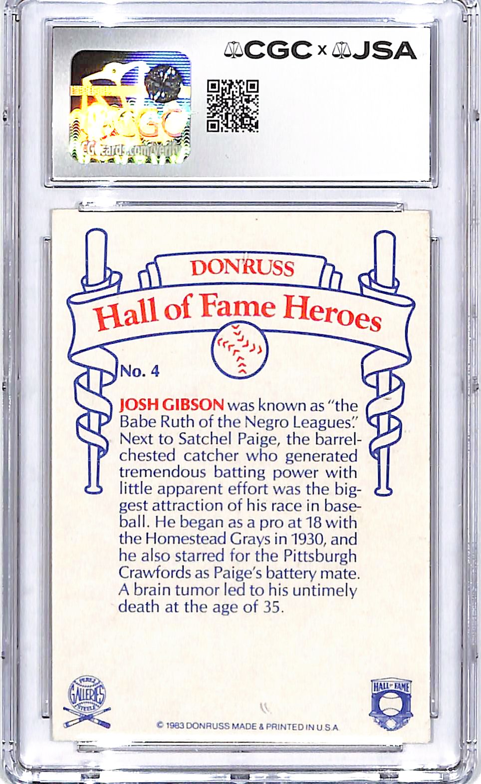 1983 Donruss Hall of Fame Heroes Josh Gibson Jr Auto Autograph CGC Authentic