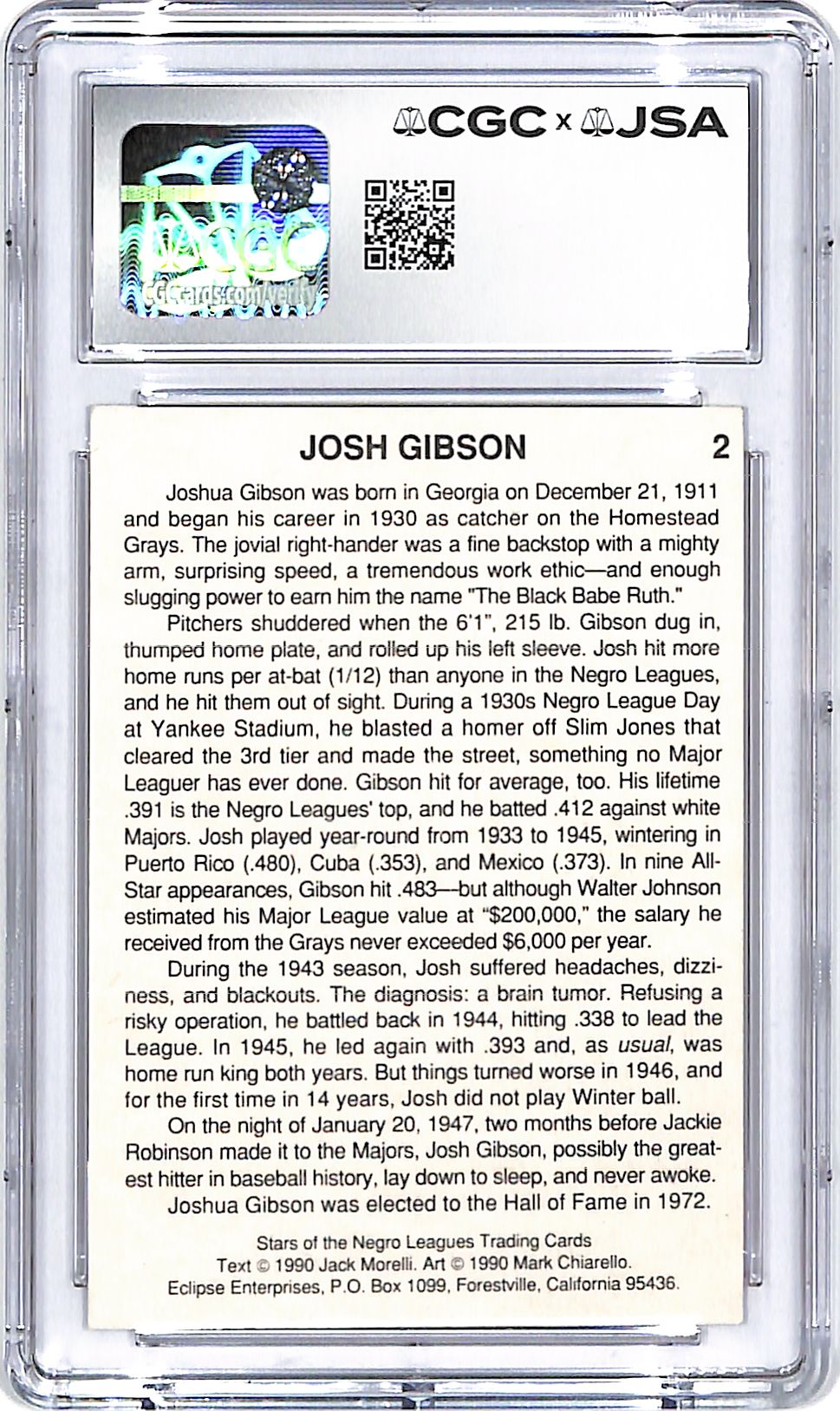 1990 Eclipse Stars of the Negro League Josh Gibson Jr Auto Autograph CGC Authentic