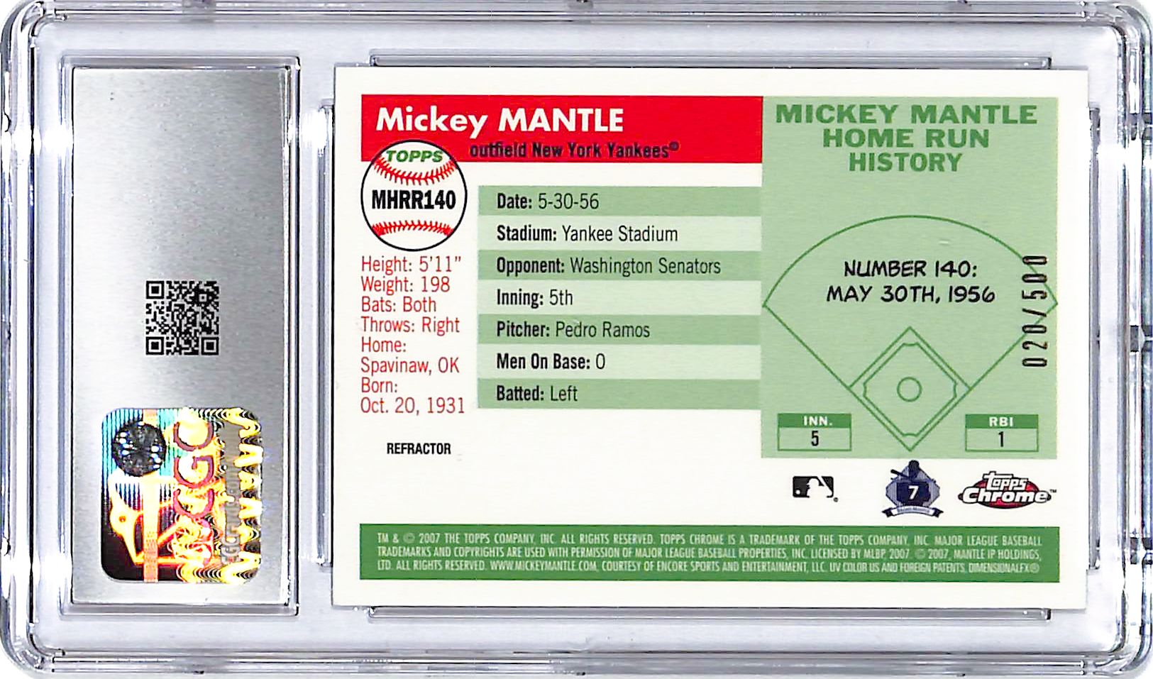 2005 Topps Chrome Mickey Mantle Home Run History Refractor /500 CGC 9.5 Yankees