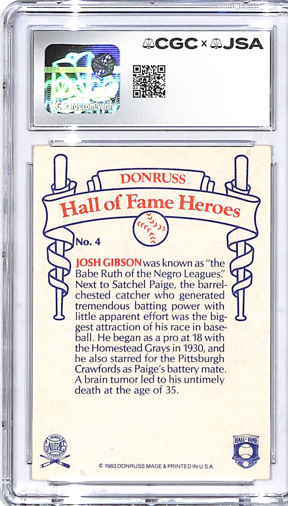 1983 Donruss Hall of Fame Heroes Josh Gibson Jr Auto Autograph CGC Authentic