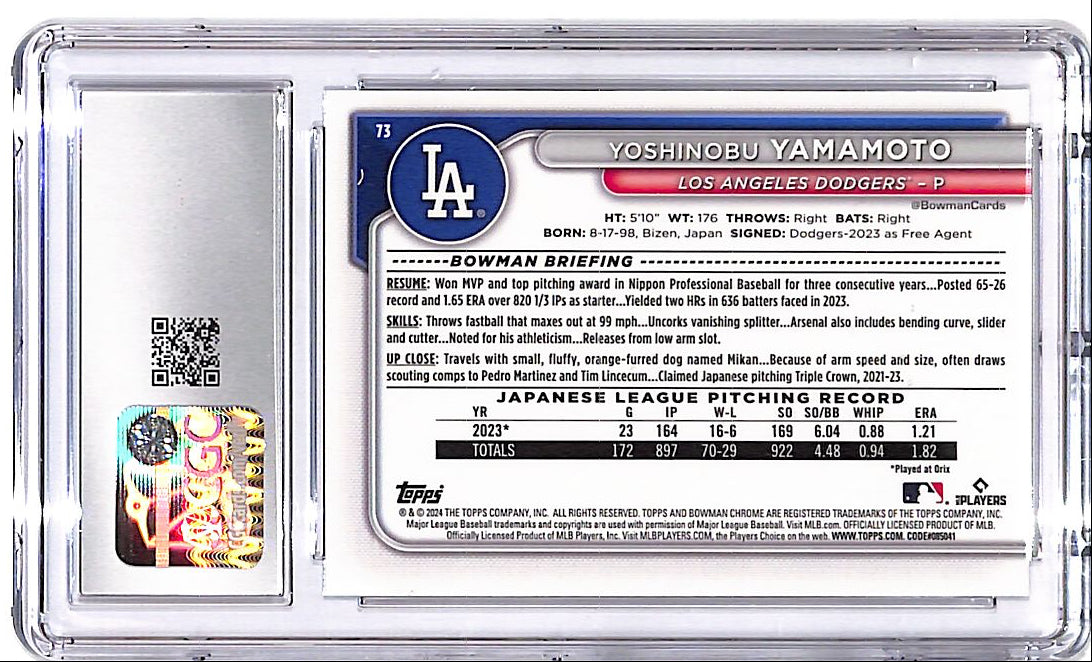 2024 Bowman Chrome Yoshinobu Yamamoto Rookie RC #73 CGC 10 Dodgers