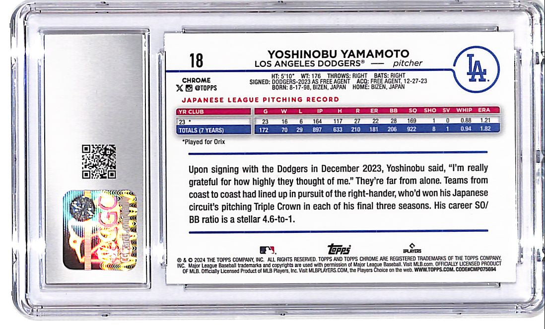 2024 Topps Chrome Yoshinobu Yamamoto Rookie RC CGC 10 Dodgers