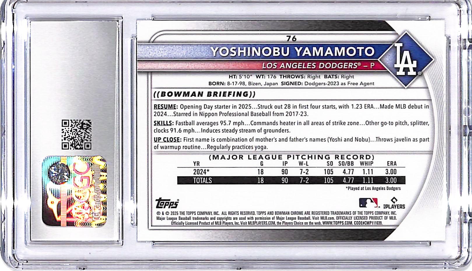 2025 Bowman Chrome Yohsinobu Yamamoto Mega Box Mojo Refractor CGC 10 Dodgers