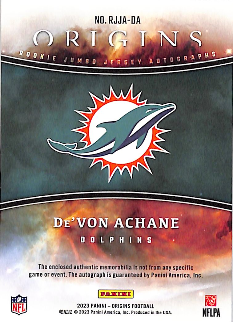 2023 Origins De'Von Achane Auto Autograph Rookie RC Patch Jersey Orange /75 Dolphins