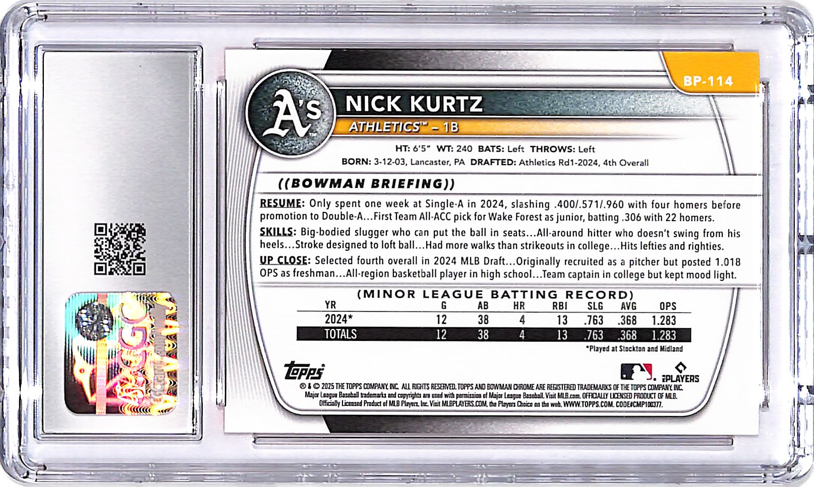 2025 Bowman Nick Kurtz Prospect Rookie RC Orange /25 CGC 9 Athletics