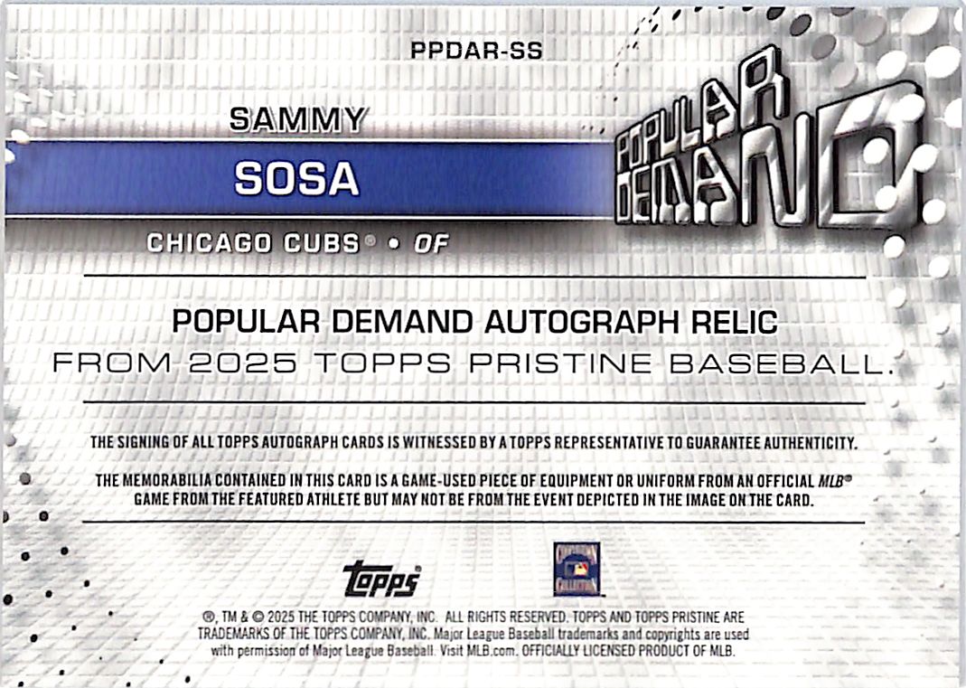 2025 Topps Pristine Sammy Sosa Auto Autograph Patch Jersey Red Popular Demand /5 Cubs