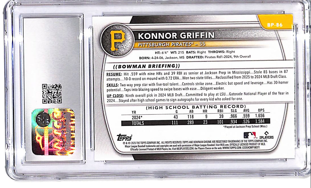 2025 Bowman Prospects Konnor Griffin Rookie RC CGC 10 Pirates