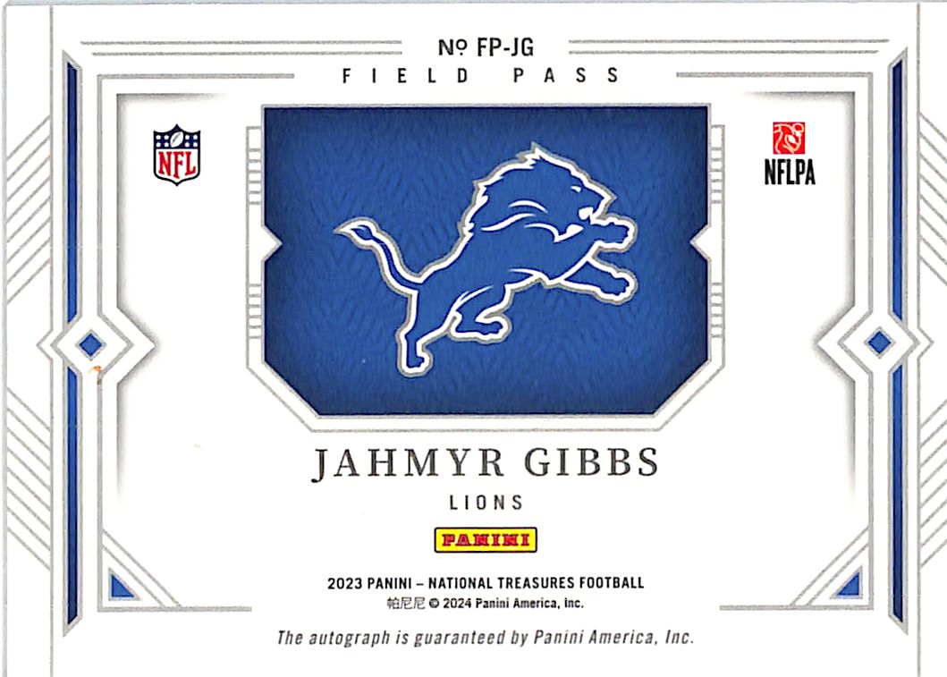 2023 National Treasures Jahmyr Gibbs Auto Autograph Field Pass /25 Lions