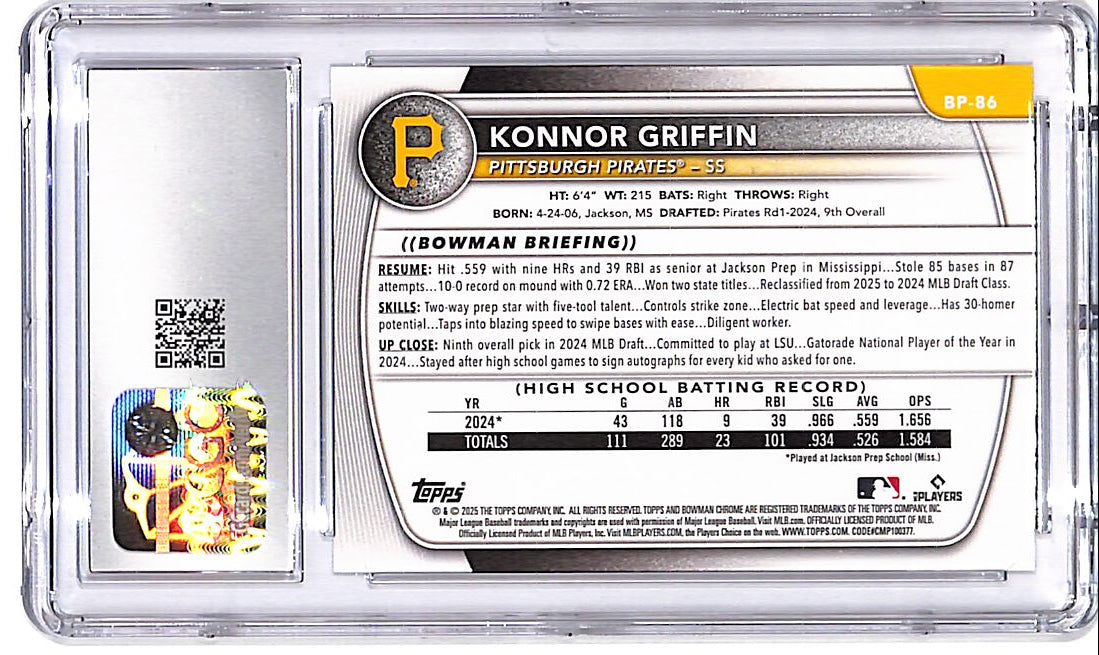 2025 Bowman Prospects Konnor Griffin Rookie RC CGC 10 Pirates