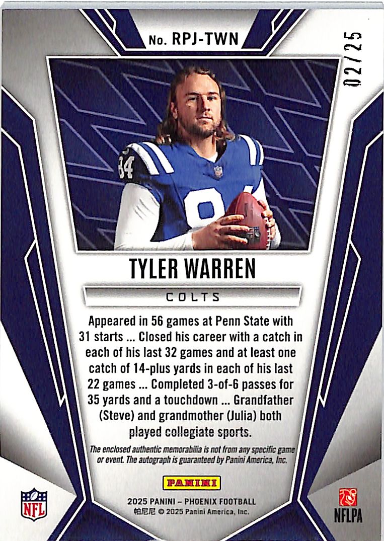 2025 Phoenix Tyler Warren Auto Autograph Rookie RC Patch Jersey /25 Colts