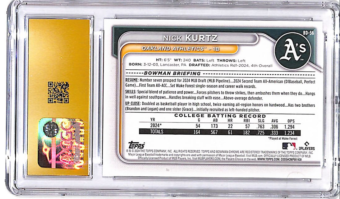 2024 Bowman Draft Nick Kurtz Rookie RC CGC 10 Pristine Athletics