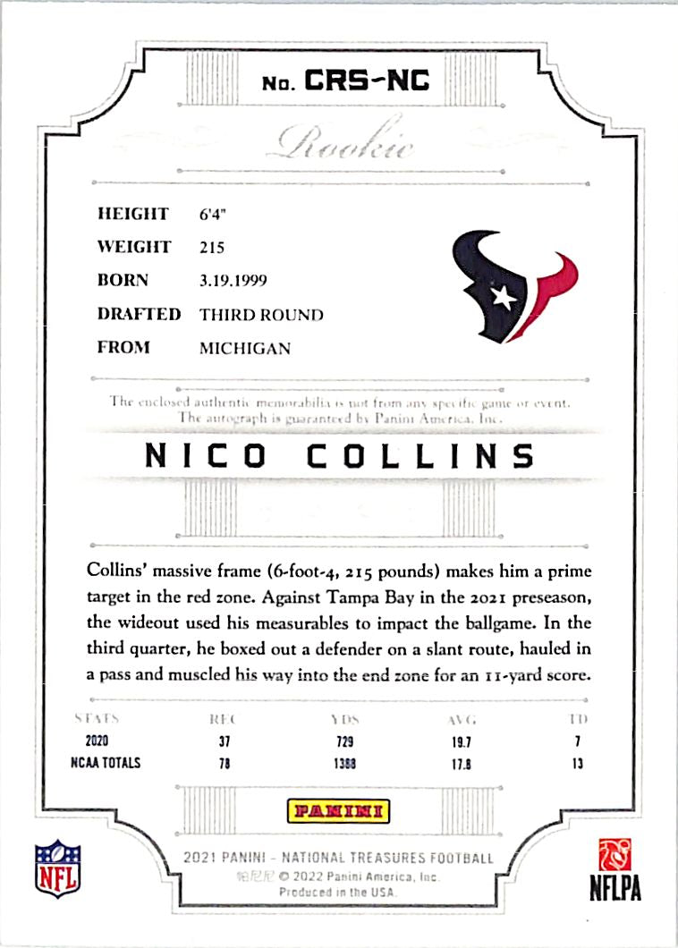 2021 National Treasures Nico Collins Auto Autograph Rookie RC Patch Jersey /99 Texans