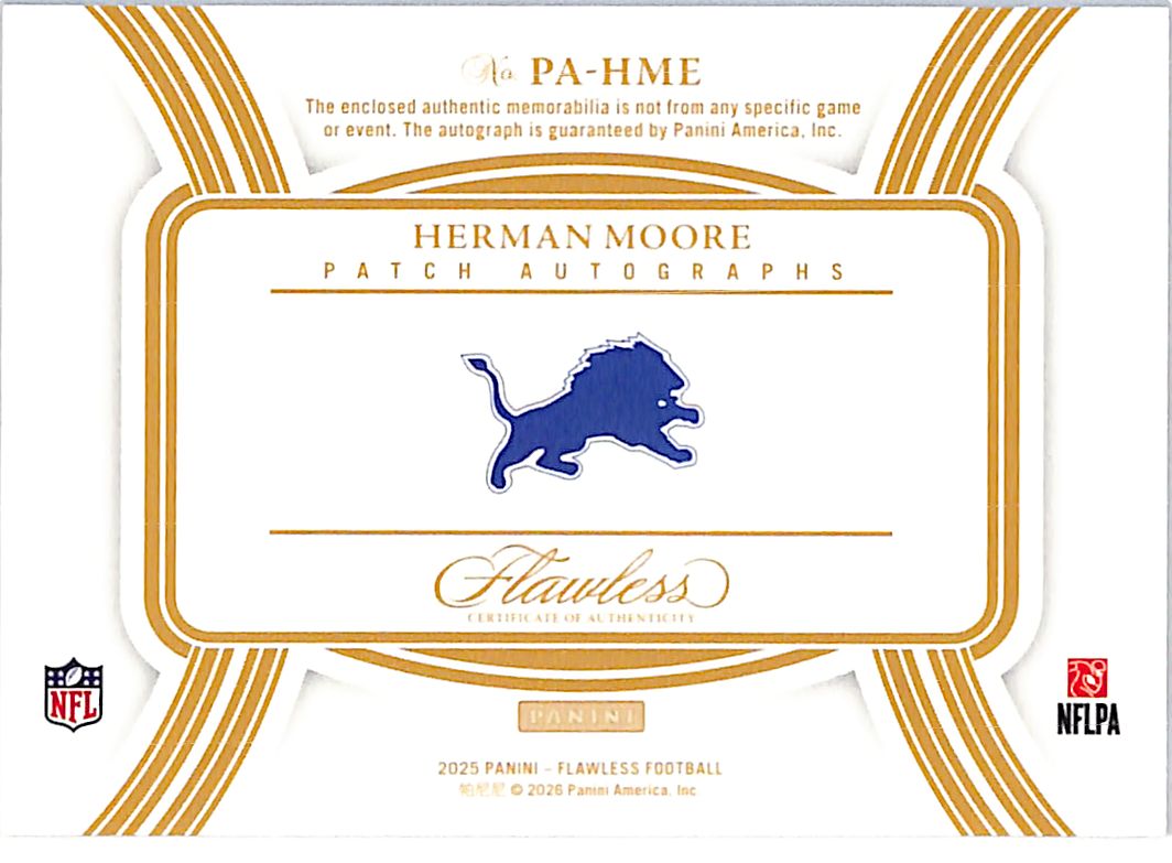 2025 Flawless Herman Moore Auto Autograph Patch Jersey /20 Lions
