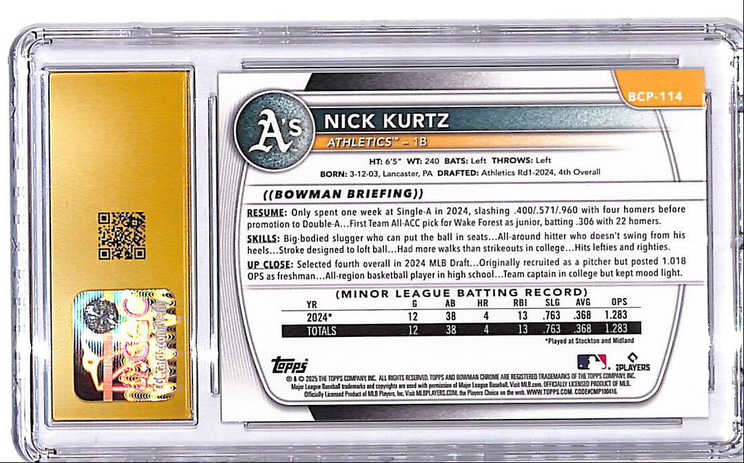 2025 Bowman Chrome Nick Kurtz Popcorn Refractor Rookie RC Prospect CGC 10 Pristine Athletics