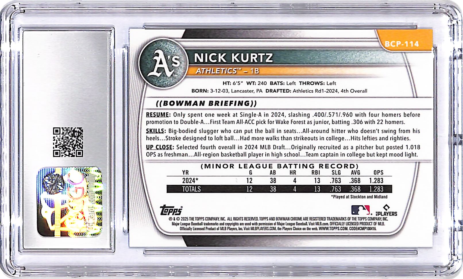 2025 Bowman Chrome Nick Kurtz Rookie RC Blue Shimmer Refractor /150 CGC 10 Athletics