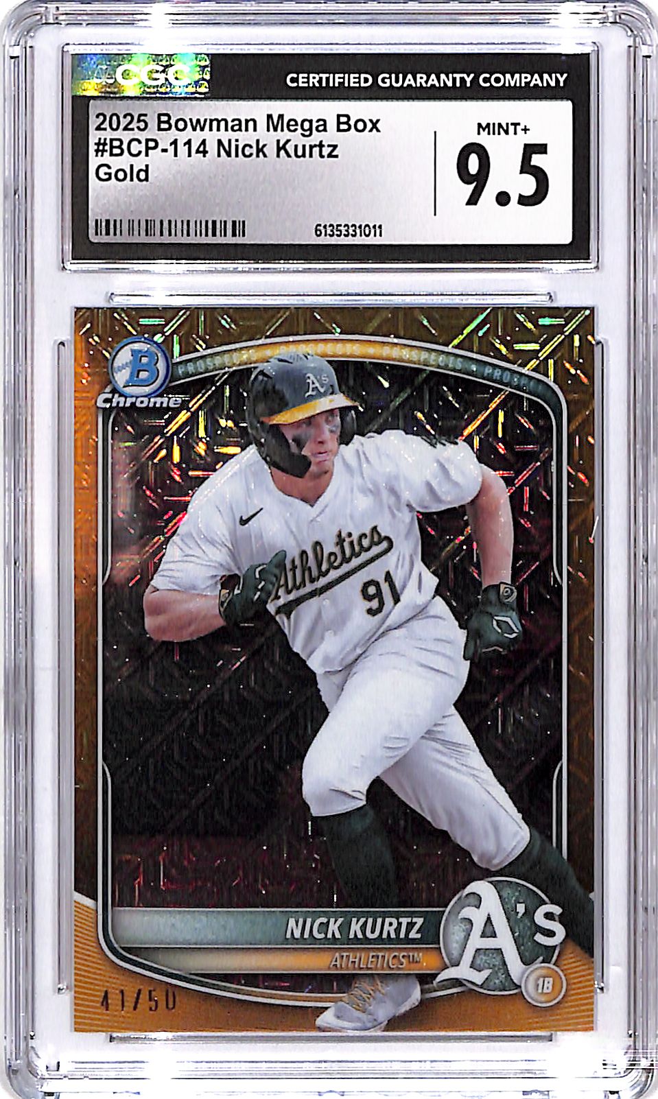 2025 Bowman Chrome Nick Kurtz Mega Box Mojo Gold Refractor Rookie RC /50 CCG 9.5 Athletics
