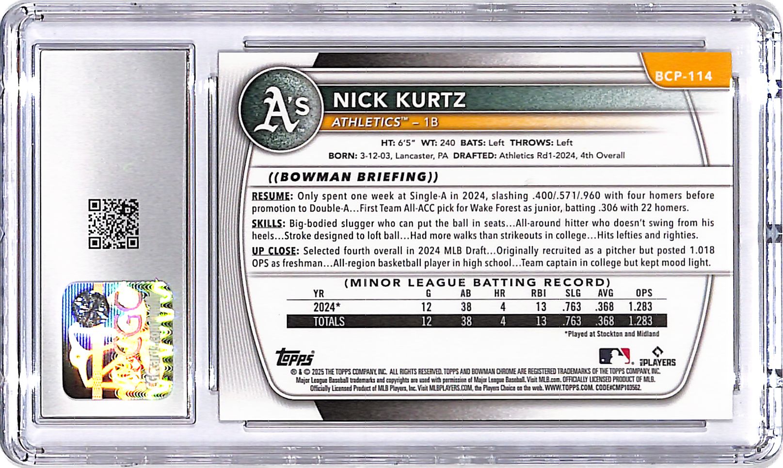 2025 Bowman Chrome Nick Kurtz Mega Box Mojo Gold Refractor Rookie RC /50 CCG 9.5 Athletics
