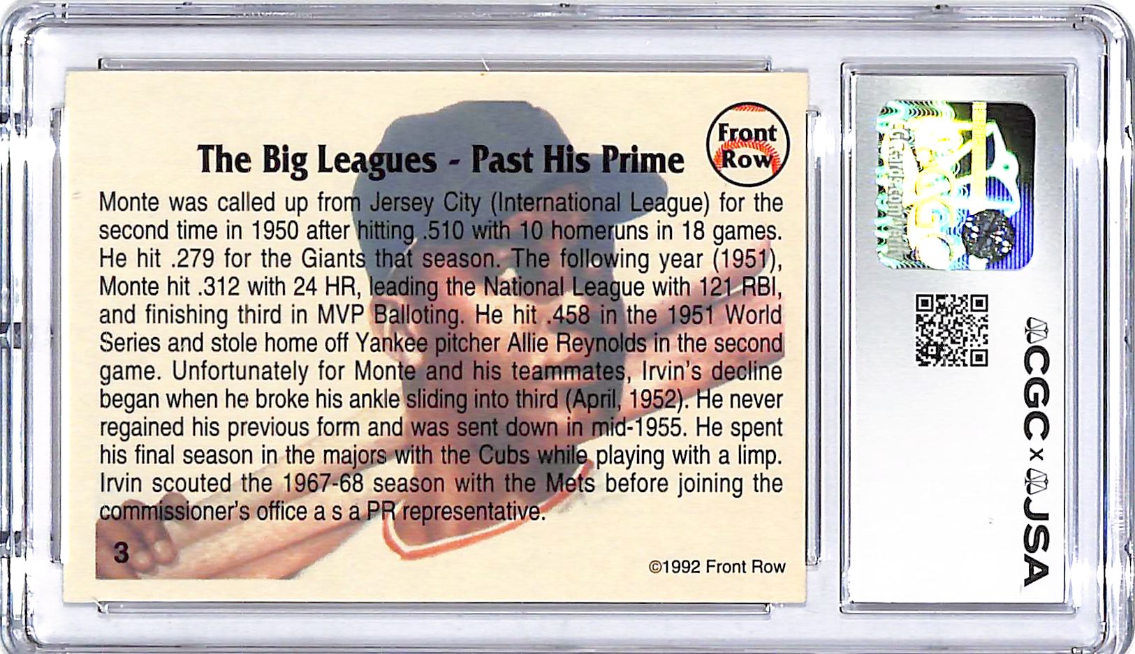 1992 Front Row All Time Greats Monte Irvin Auto Autograph CGC Authentic