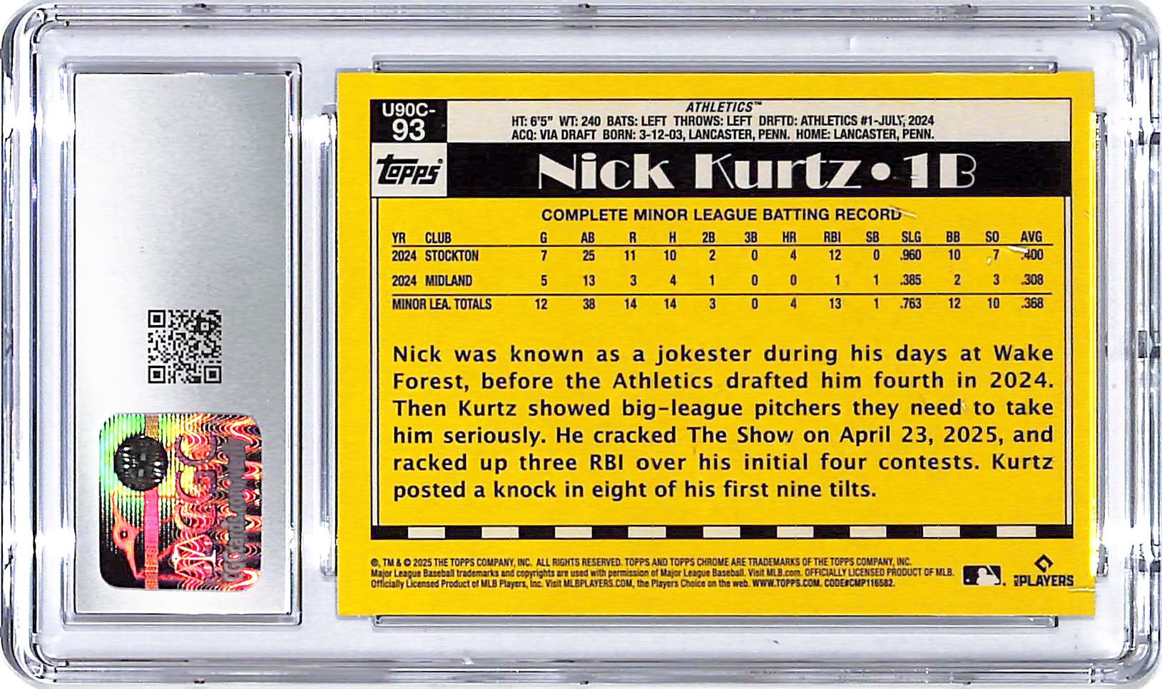 2025 Topps Update Nick Kurtz Silver Pack Rookie CGC 9.5 Athletics