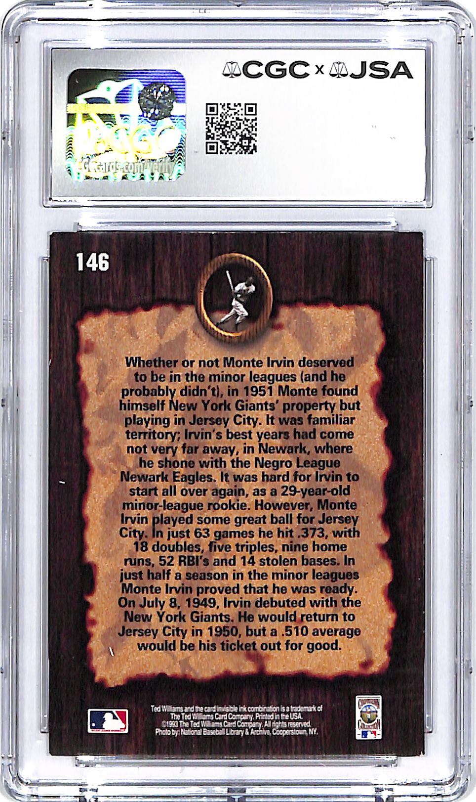 1993 Ted Williams Collection Monte Irvin Auto AutograpH CCG Authentic
