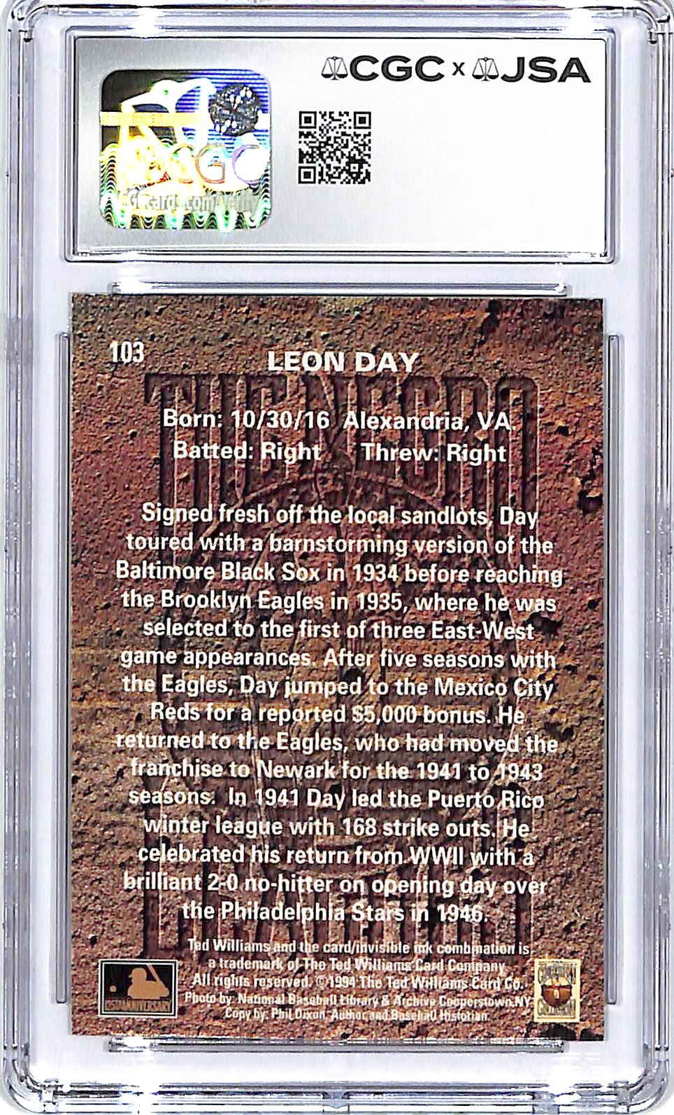 1994 Ted Williams Collection Leon Day Auto Autograph CGC Authentic