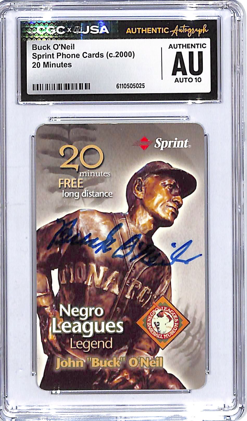 2000 Sprint Phone Cards Buck O'Neil 20 minutes Auto Autograph CGC Authentic