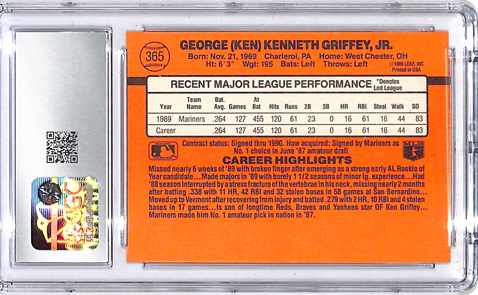 1990 Donruss Ken Griffey Jr #365 CGC 9.5 Mariners