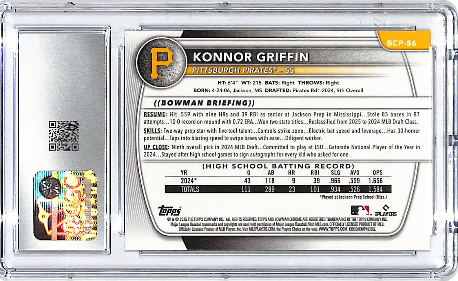 2025 Bowman Chrome Konnor Griffin Mega Box Mojo Refractor Rookie RC CGC 10 Pirates