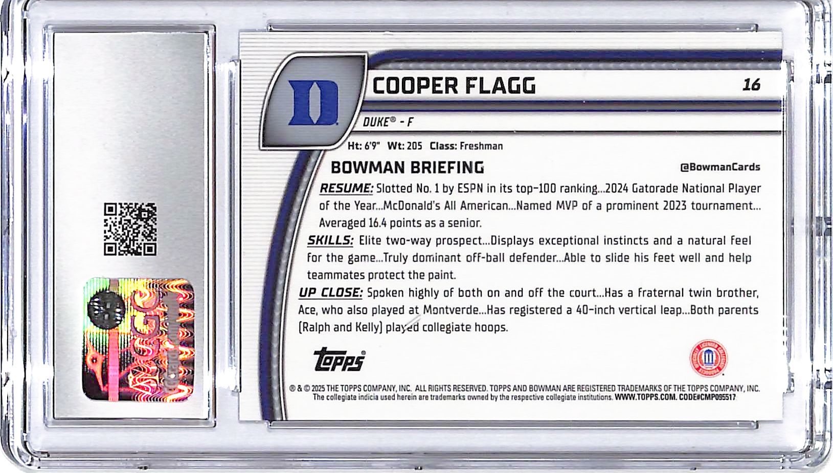 2024-25 Bowman Chrome University Cooper Flagg Rookie RC #16 CGC 9.5 Duke