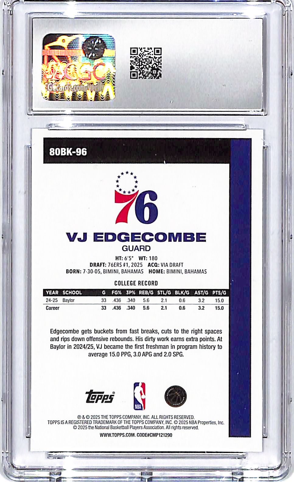 2025-26 Topps VJ Edgecombe Throwback Rookie RC CGC 9.5 76ers