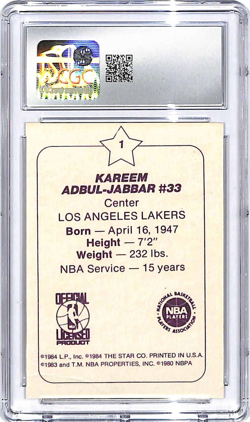 1984-85 Star Arena Kareem Adbul-Jabbar #1 Los Angeles Lakers CGC 3
