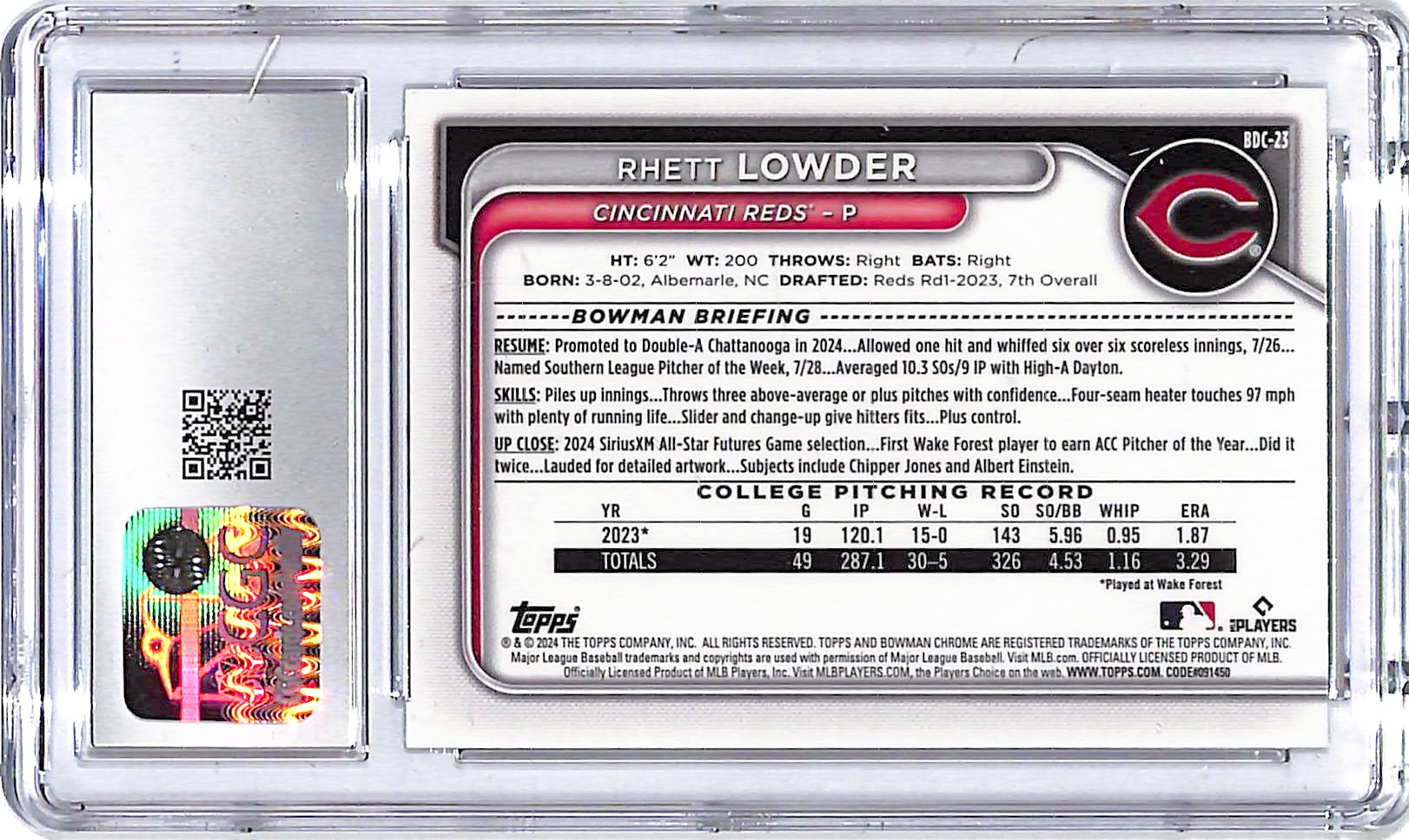 2024 Bowman Draft Chrome Rhett Lowder Steel Metal Refractor /100 CGC 10 Reds