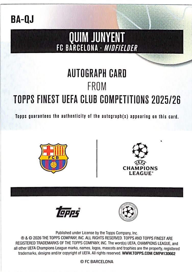 2025-26 Topps Finest UEFA Quim Junyent Auto Autograph Rookie RC Refractor Barcelona