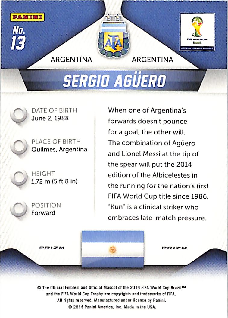 2014 Prizm World Cup Sergio Aguero Silver Prizm #13 Argentina
