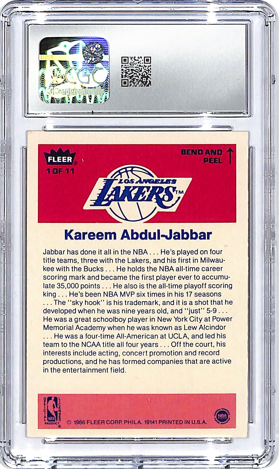 1986-87 Fleer Stickers Kareem Abdul-Jabbar #1 CGC 7 Lakers